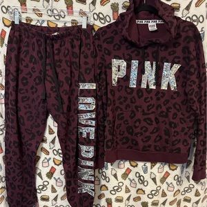 Pink brand burgundy and black leopard print bling sequined jogger set.